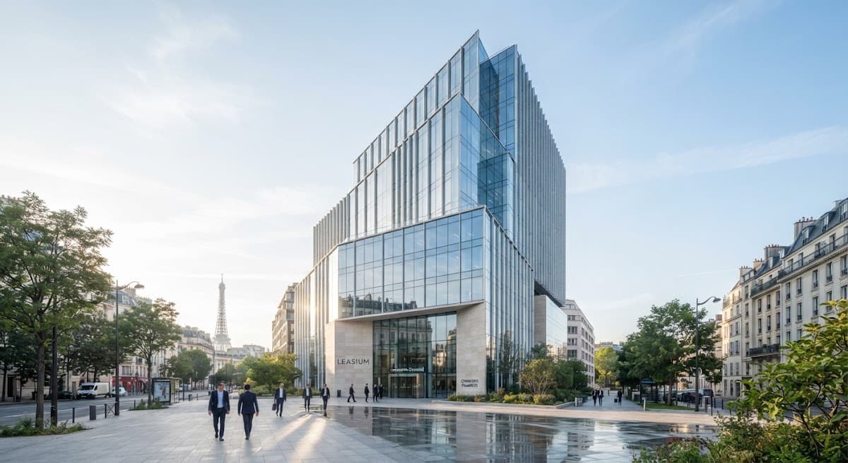 Siège corporate moderne à Paris, lignes de verre épurées.